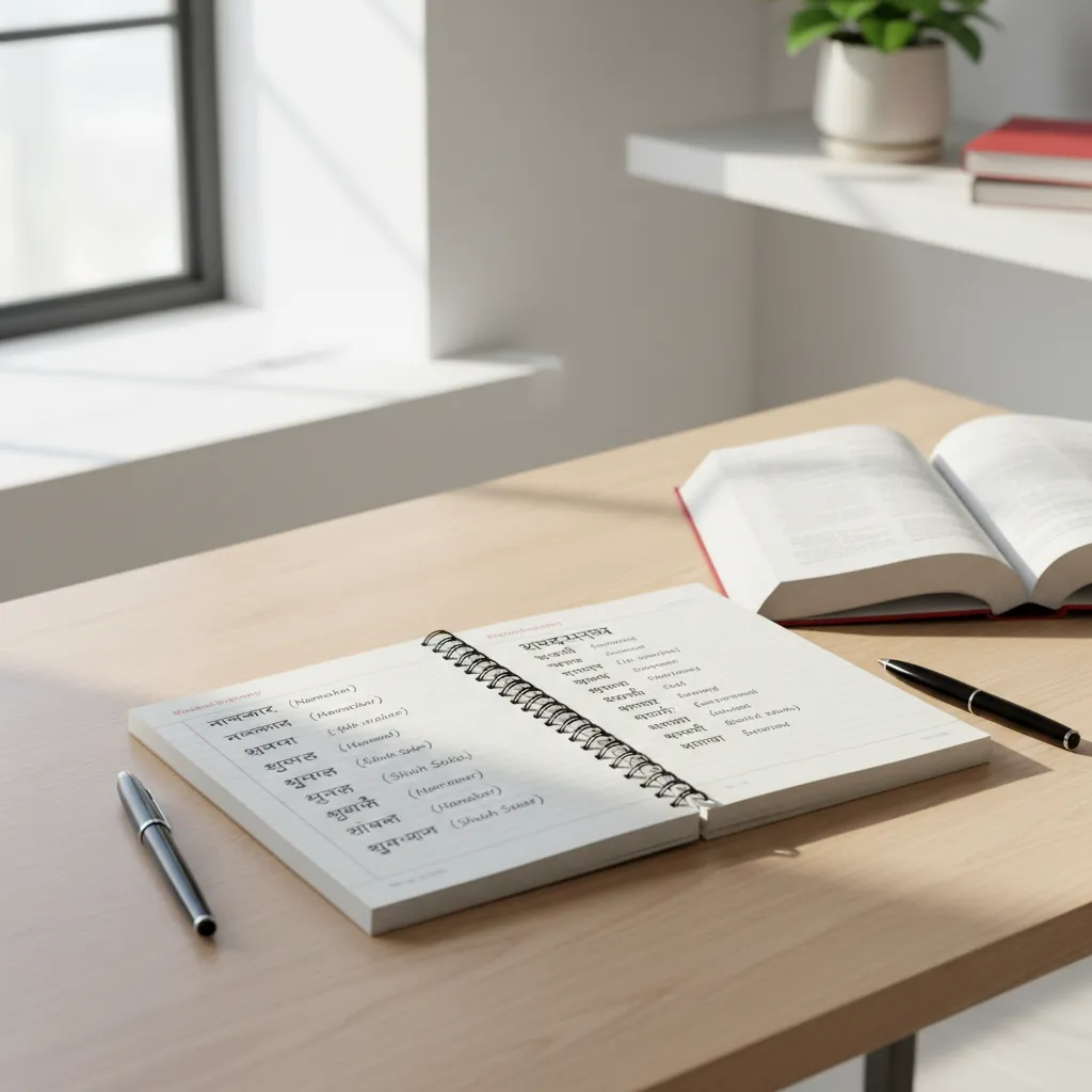 Notebook with Marathi vocabulary including the word grihini written as translation for homemaker