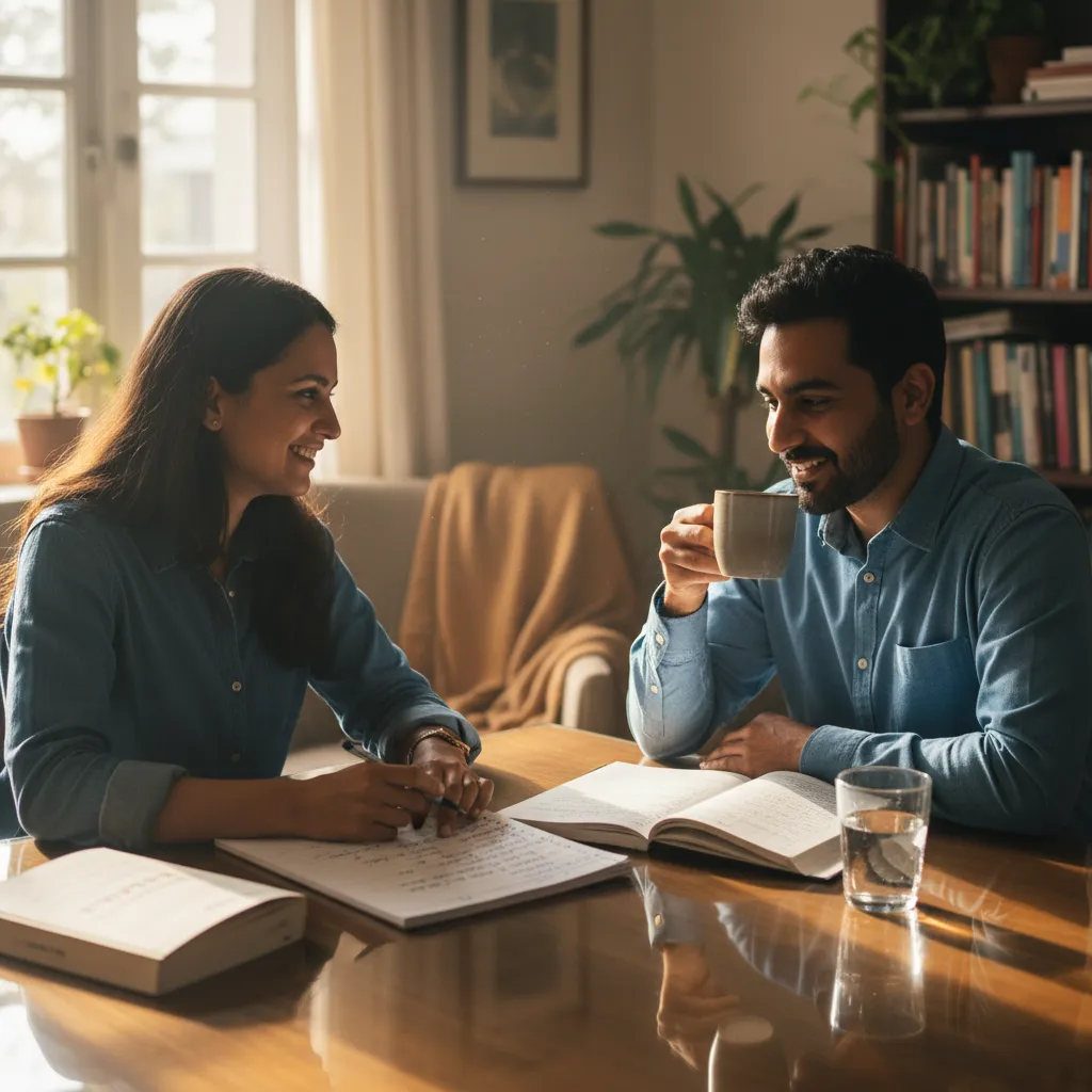 Two people practicing Marathi conversation with language notes