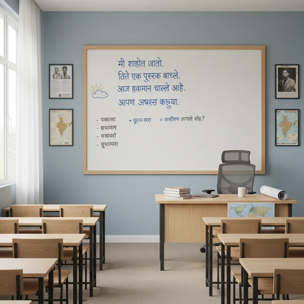 Educational board showing example Marathi sentences using grihini