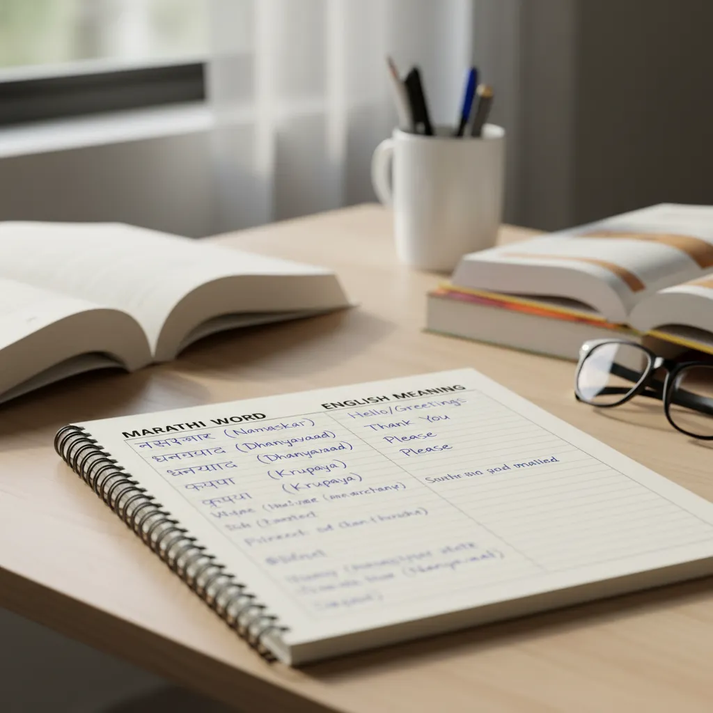 Notebook page comparing Marathi words such as grihini and other phrases used for homemaker