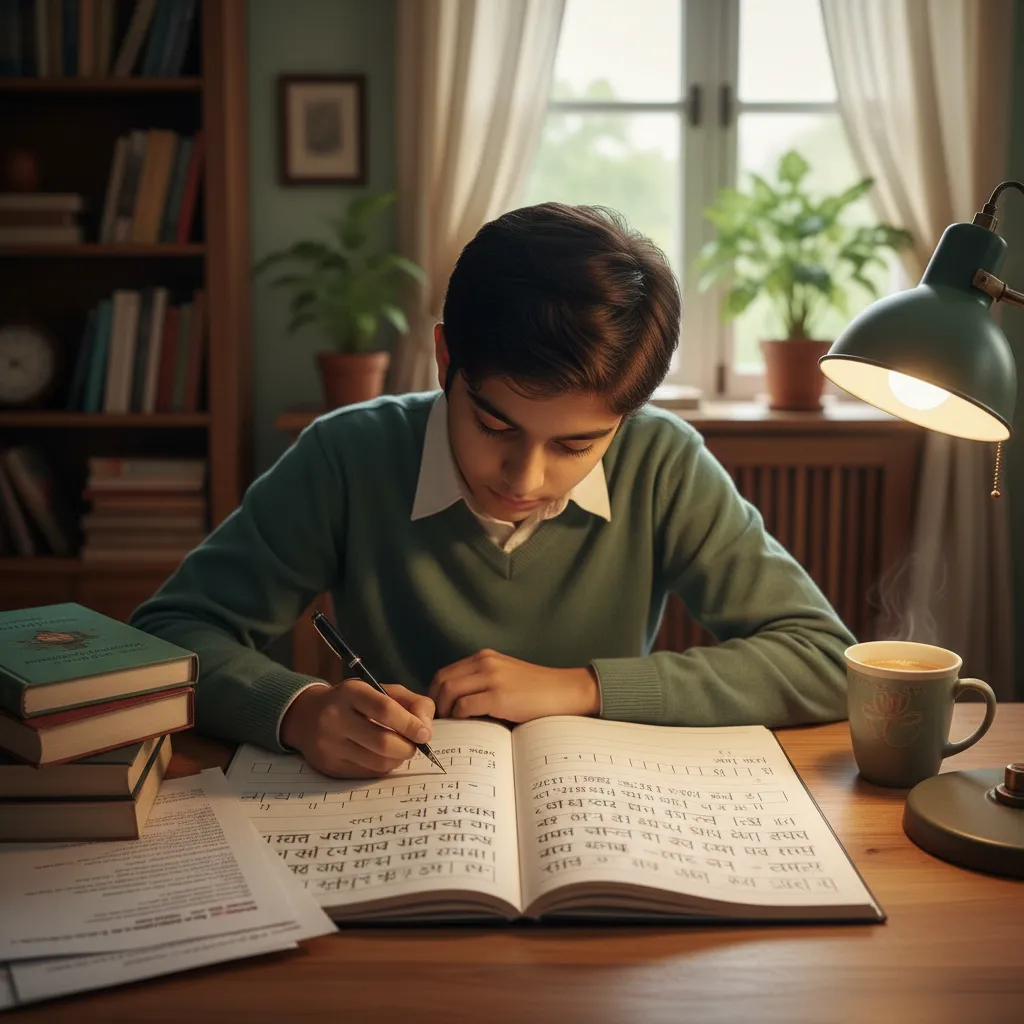 Student practicing Marathi writing and translation exercises at a desk