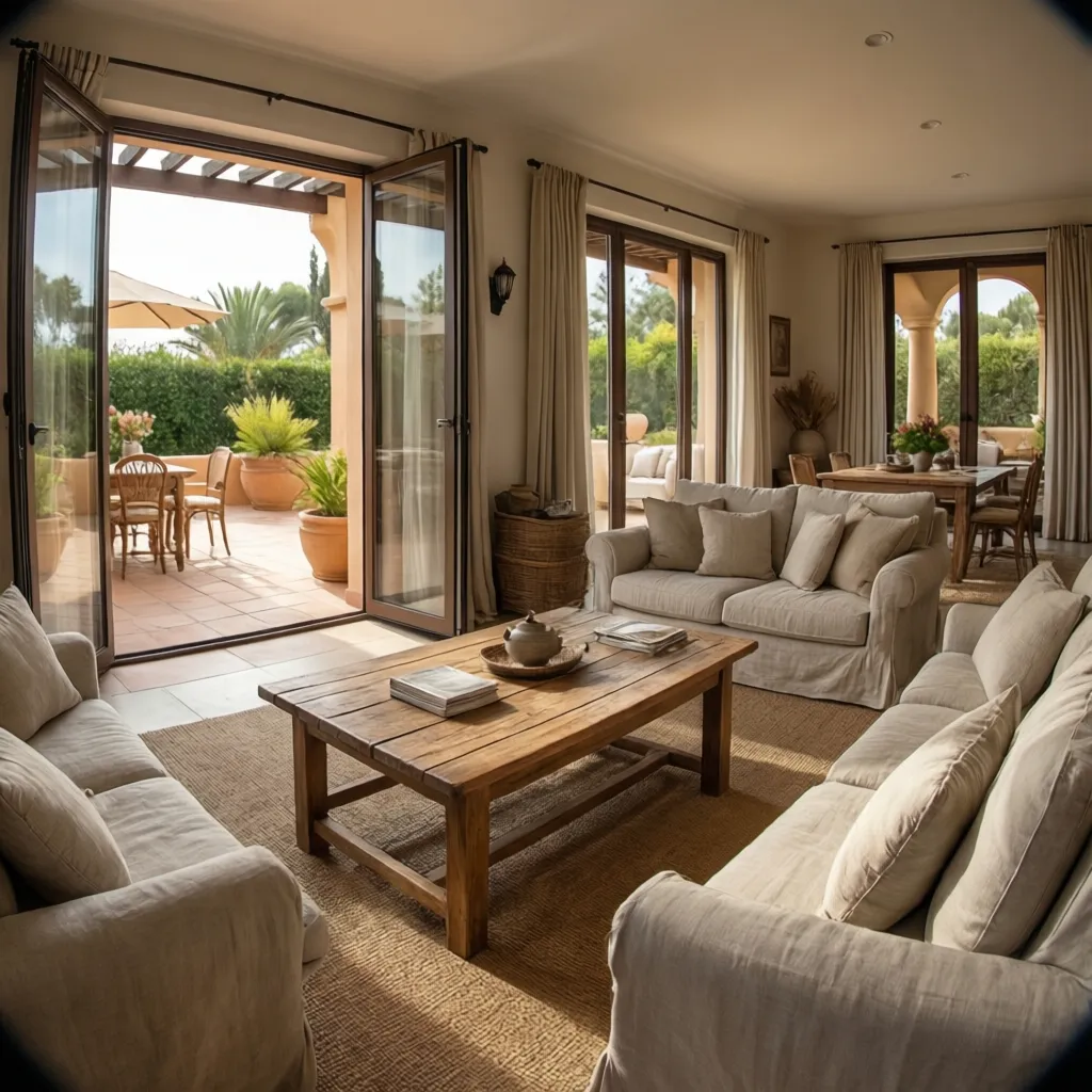 Salón abierto conectado con terraza mediterránea en una vivienda de Marbella