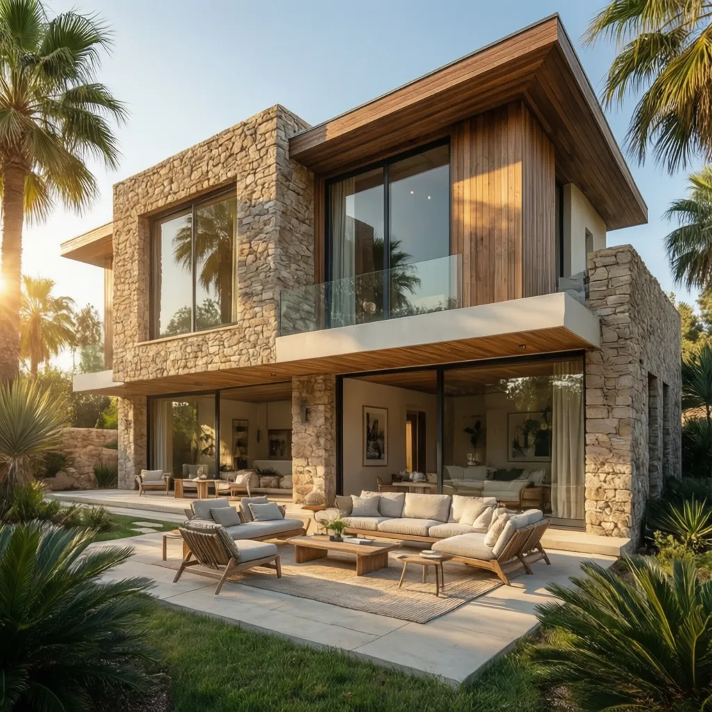 Modern stone house with wood panels outdoor patio furniture palm trees and large clear glass windows