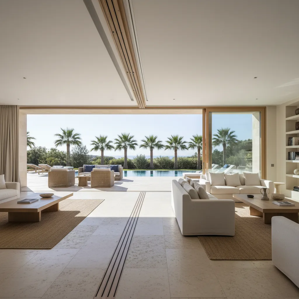 Open living room with white sofas wooden tables and glass doors leading to the pool