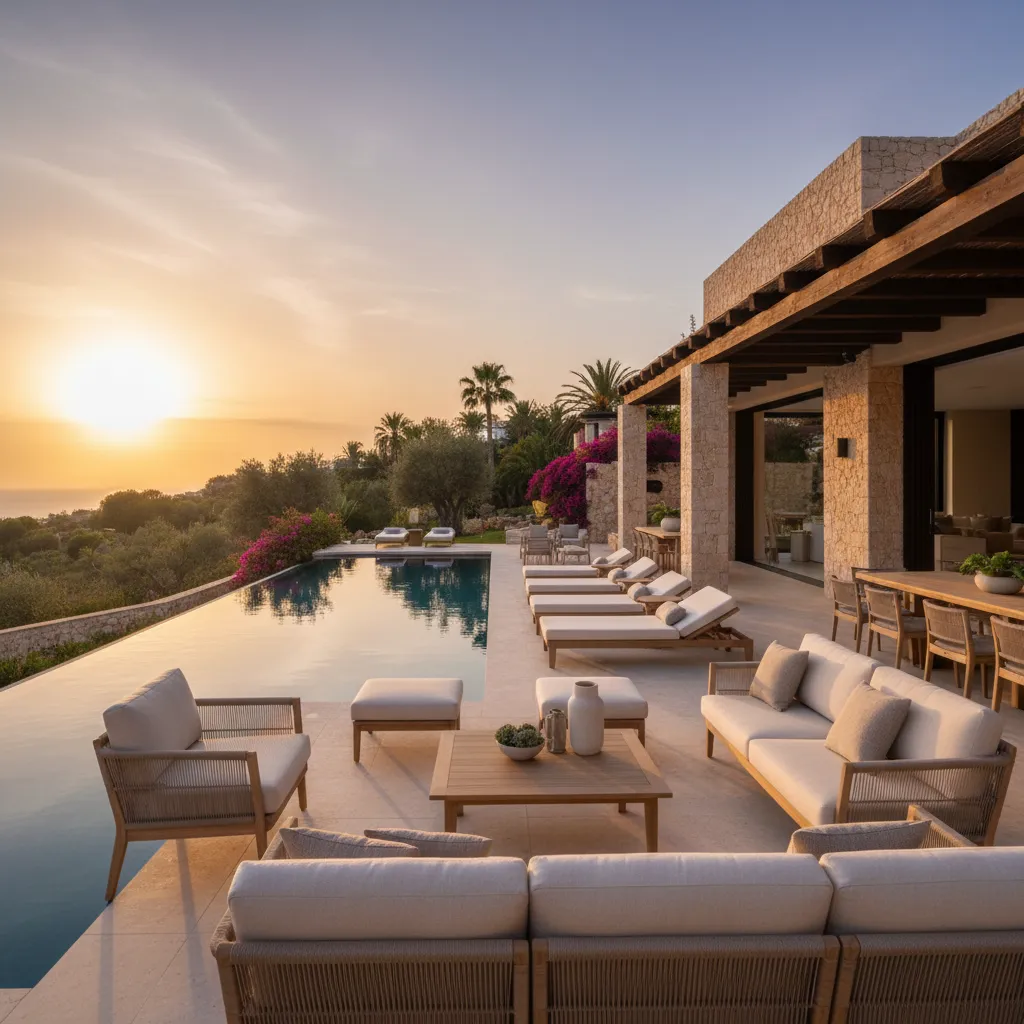 Terraza elegante con piscina en una casa moderna de Marbella