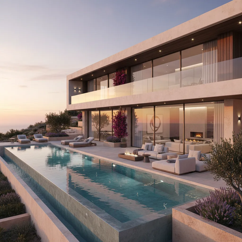 Modern luxury villa with infinity pool outdoor lounge area and sunset ocean view in the background