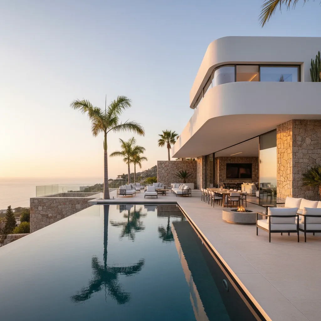 Exterior de una villa moderna en Marbella con terraza abierta