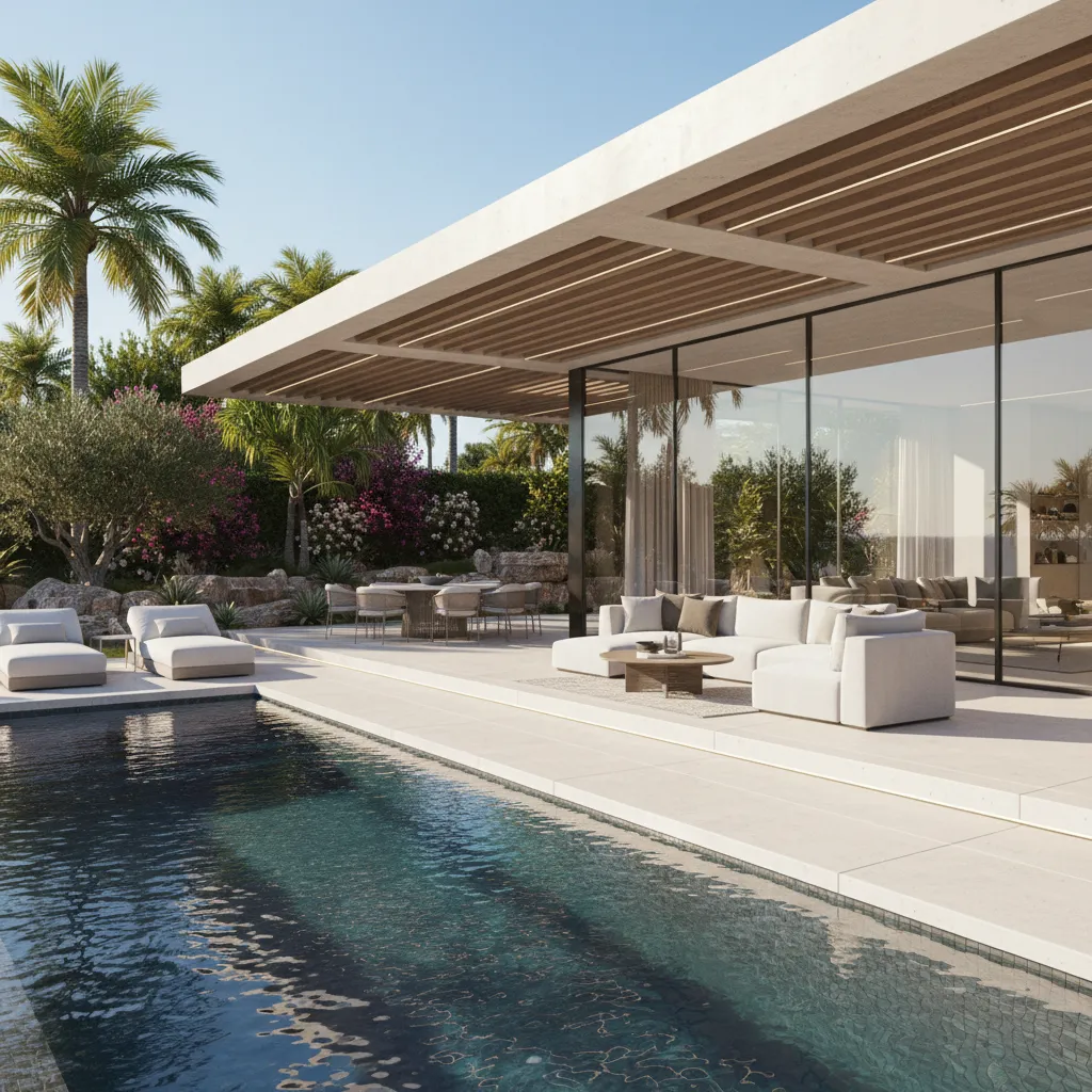 Modern outdoor patio by swimming pool with white sofa wood ceiling palm trees and large windows