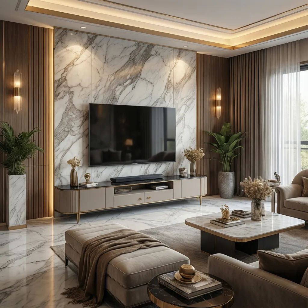 luxury marble style 3D wallpaper behind TV in living room