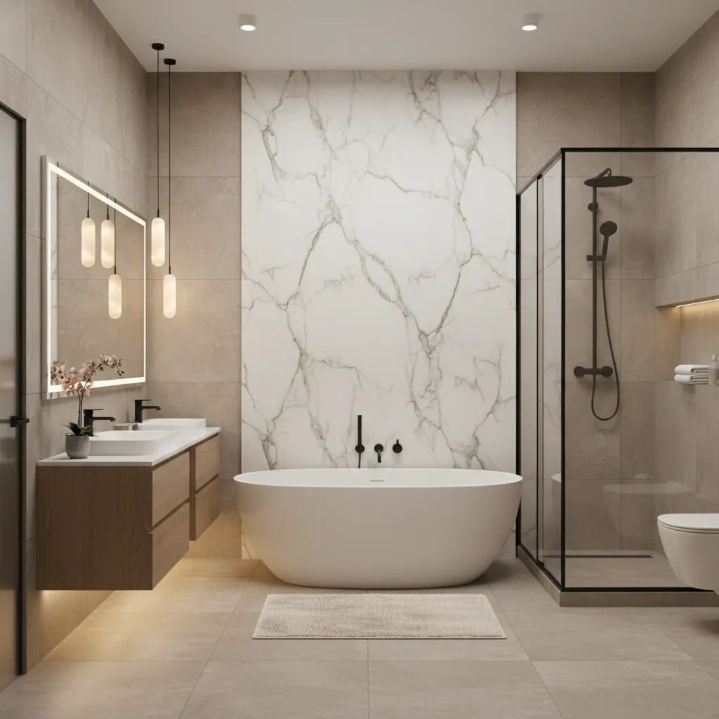 Elegant bathroom with white bathtub marble wall wood cabinet hanging lights and glass shower stall