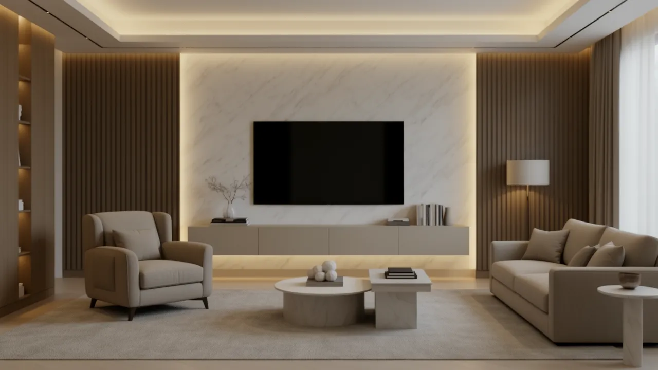 Luxury marble TV accent wall in modern living hall