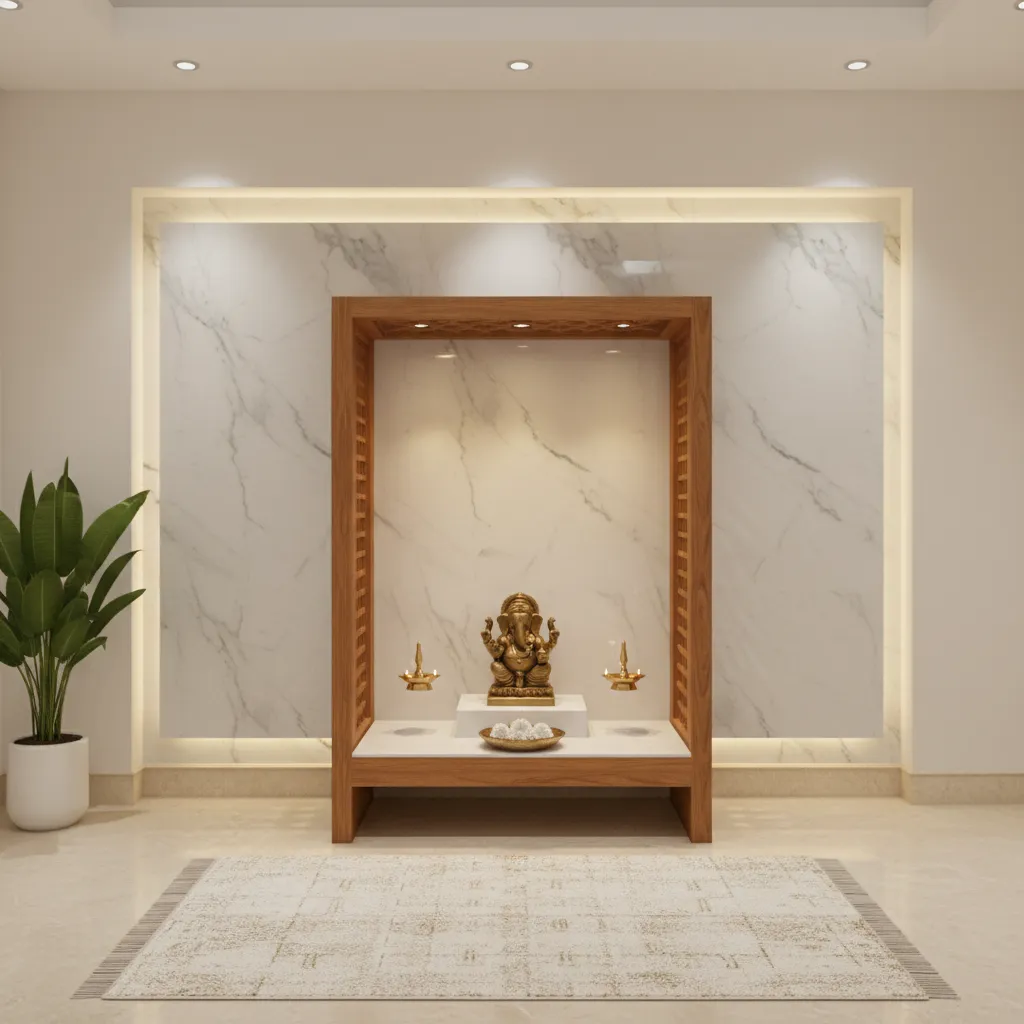 Pooja space with marble back panel and wooden frame