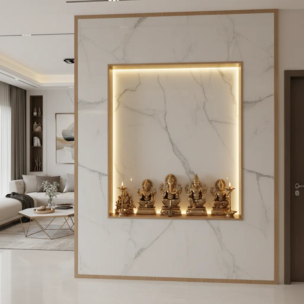 modern marble backlit mandir in living room wall niche