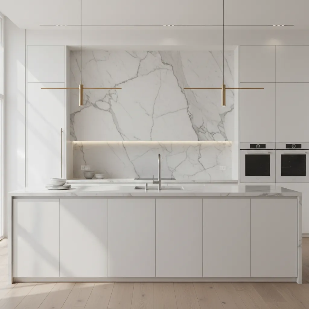white marble backsplash with veining in modern kitchen