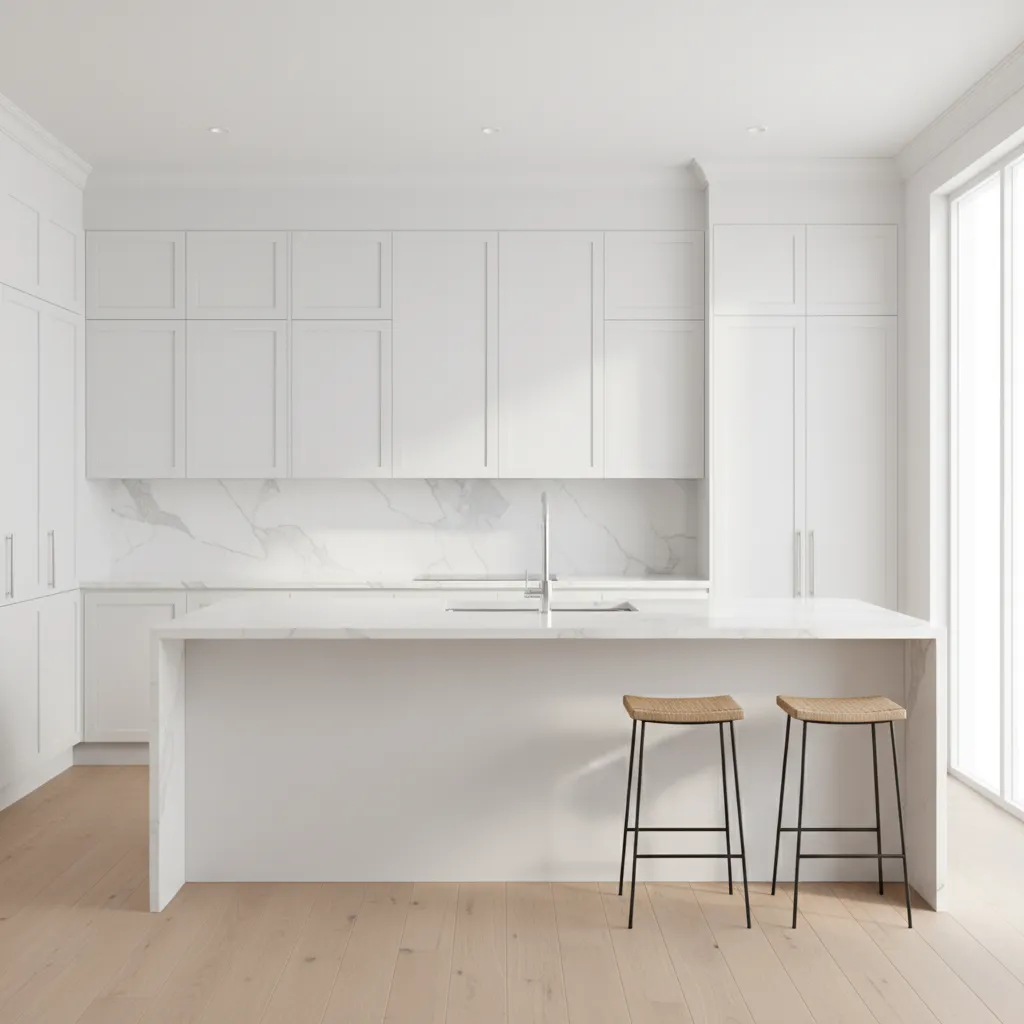 kitchen interior with marble backsplash and white cabinets
