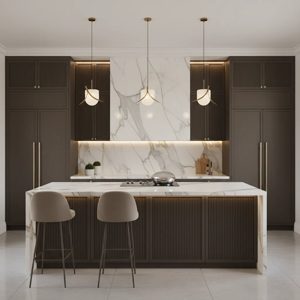Marble kitchen backsplash with cooktop showing splatter guard and clean surface