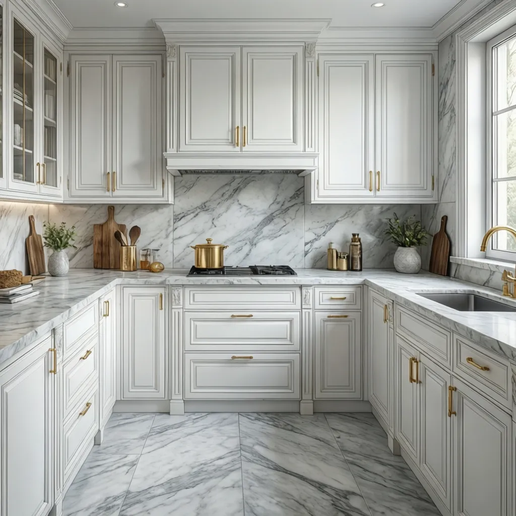 Elegant marble backsplash with natural veining in white kitchen