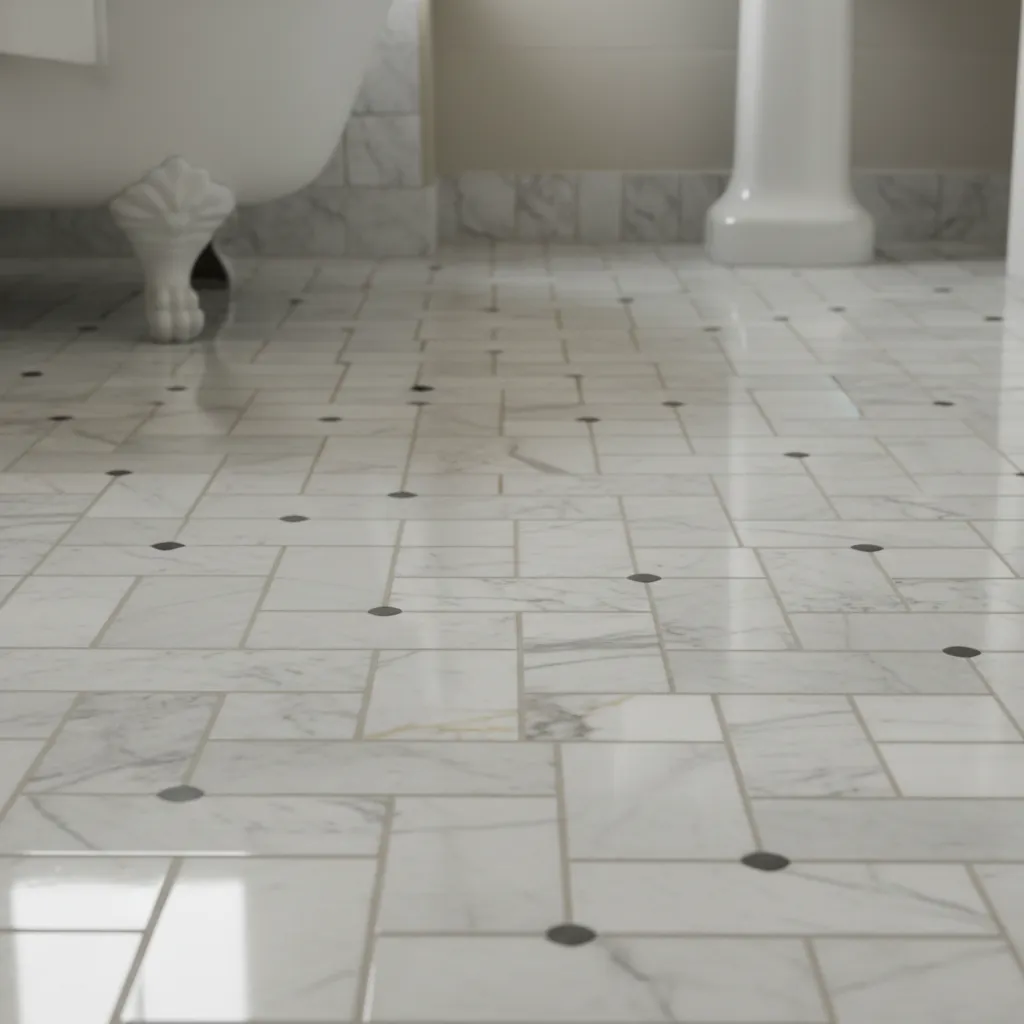 Close view of marble basket weave tile bathroom floor with dark accents