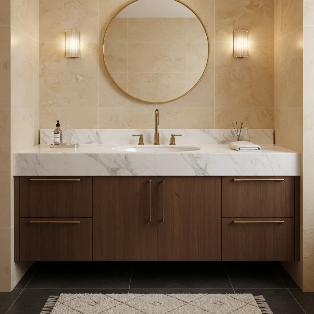 Marble bathroom countertop with undermount sink and elegant vanity