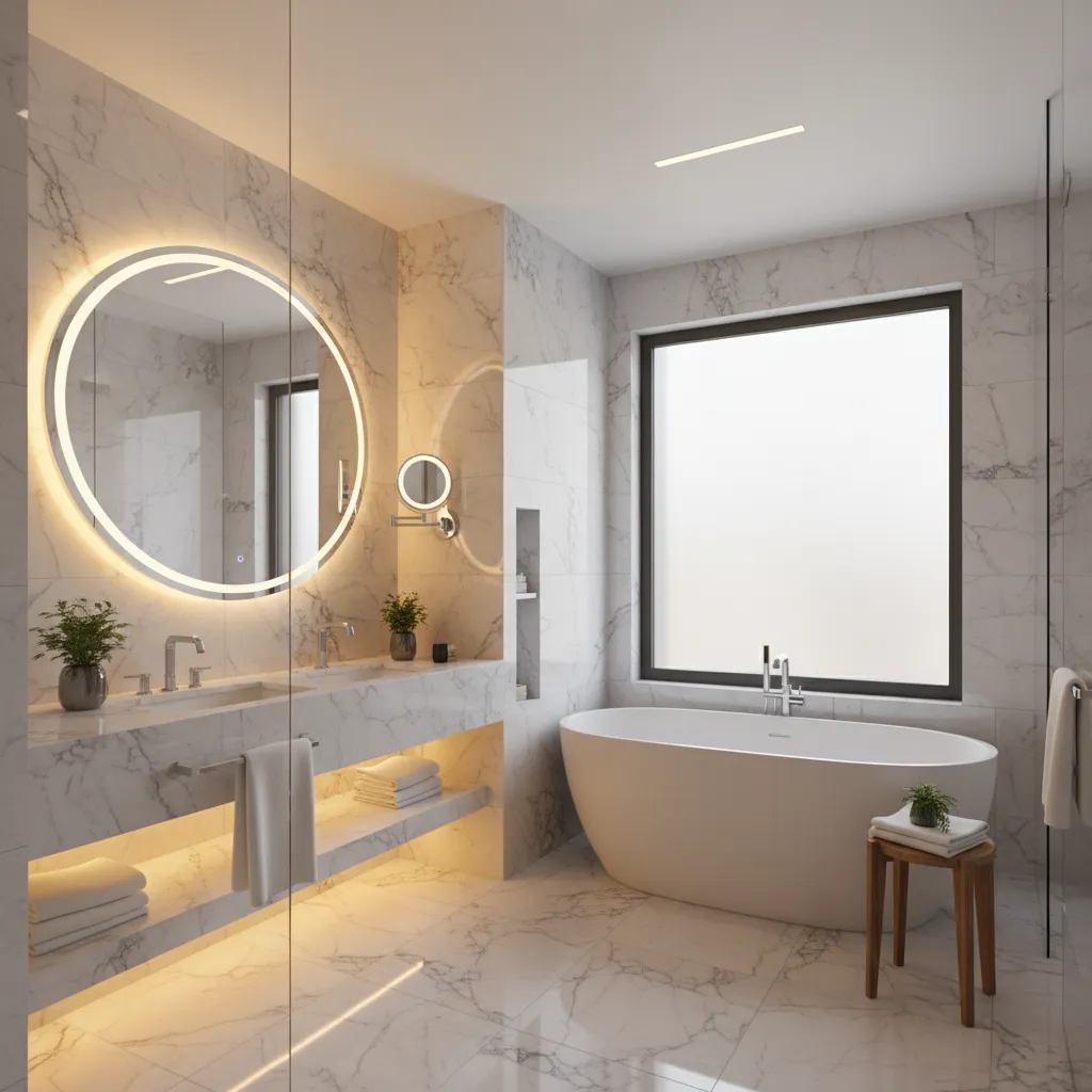 Carrera marble bathroom with layered lighting and illuminated mirrors