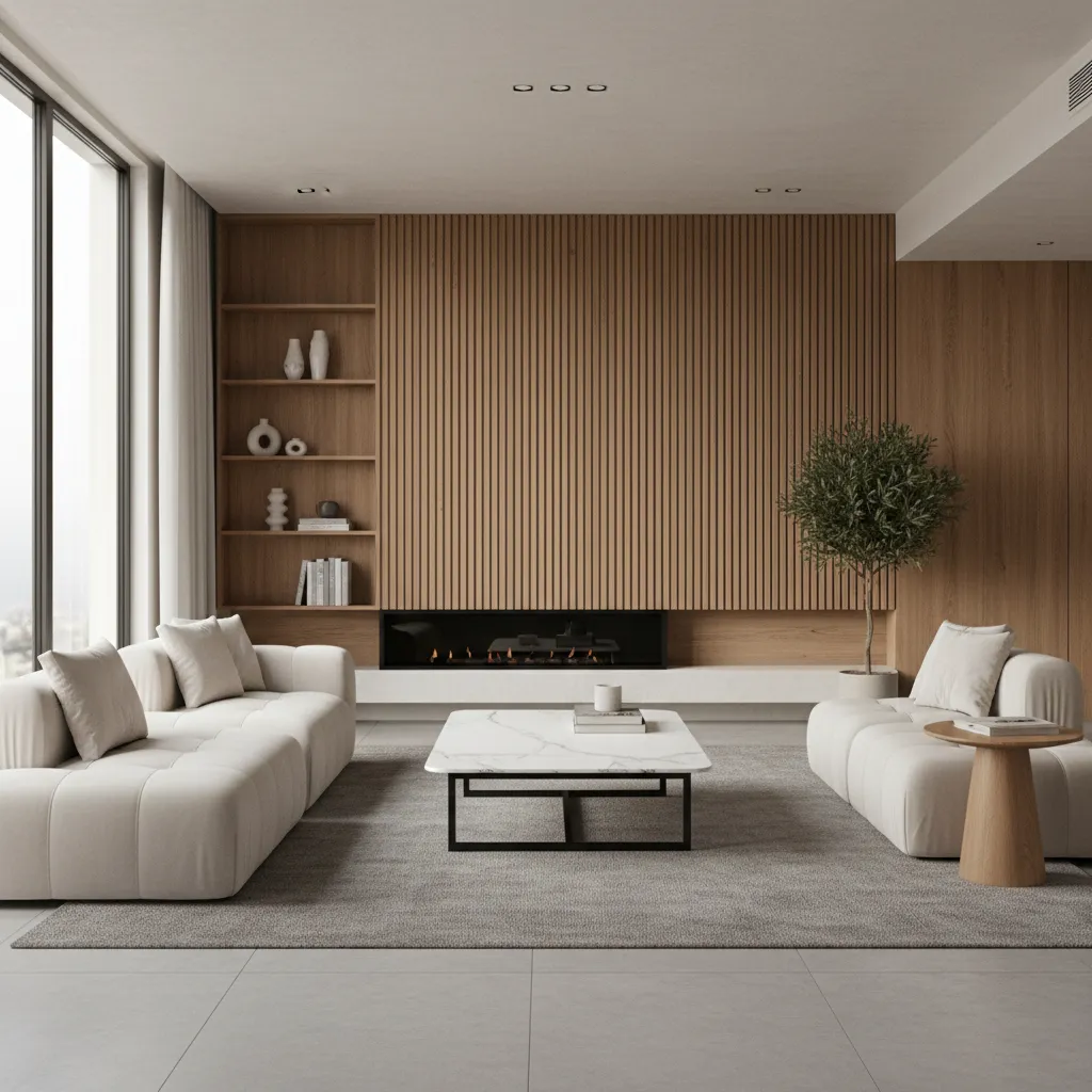 Marble coffee table with black metal frame in neutral living room