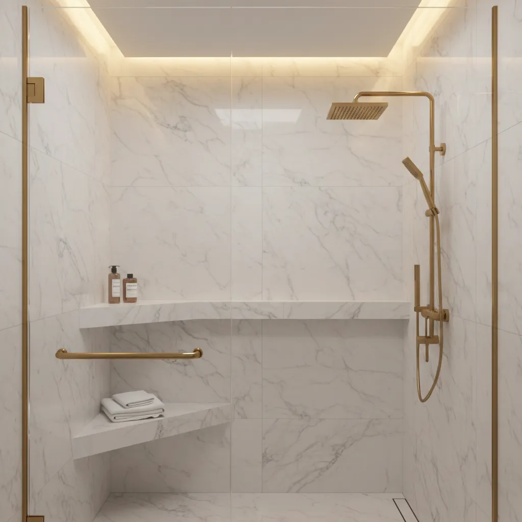 luxury marble corner shower shelf integrated with tile