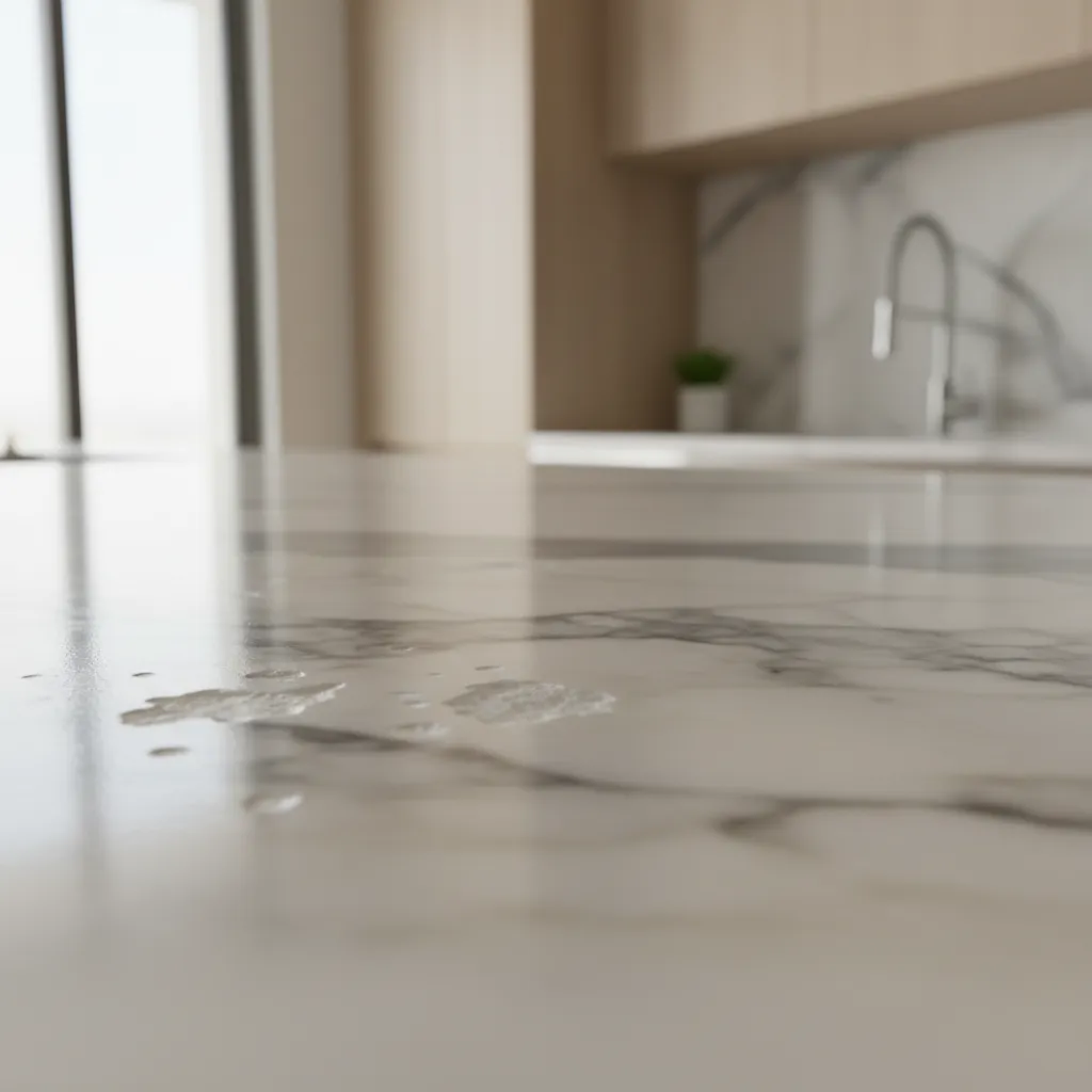 Close up view of white marble kitchen countertop showing water stains with blurred background sink faucet