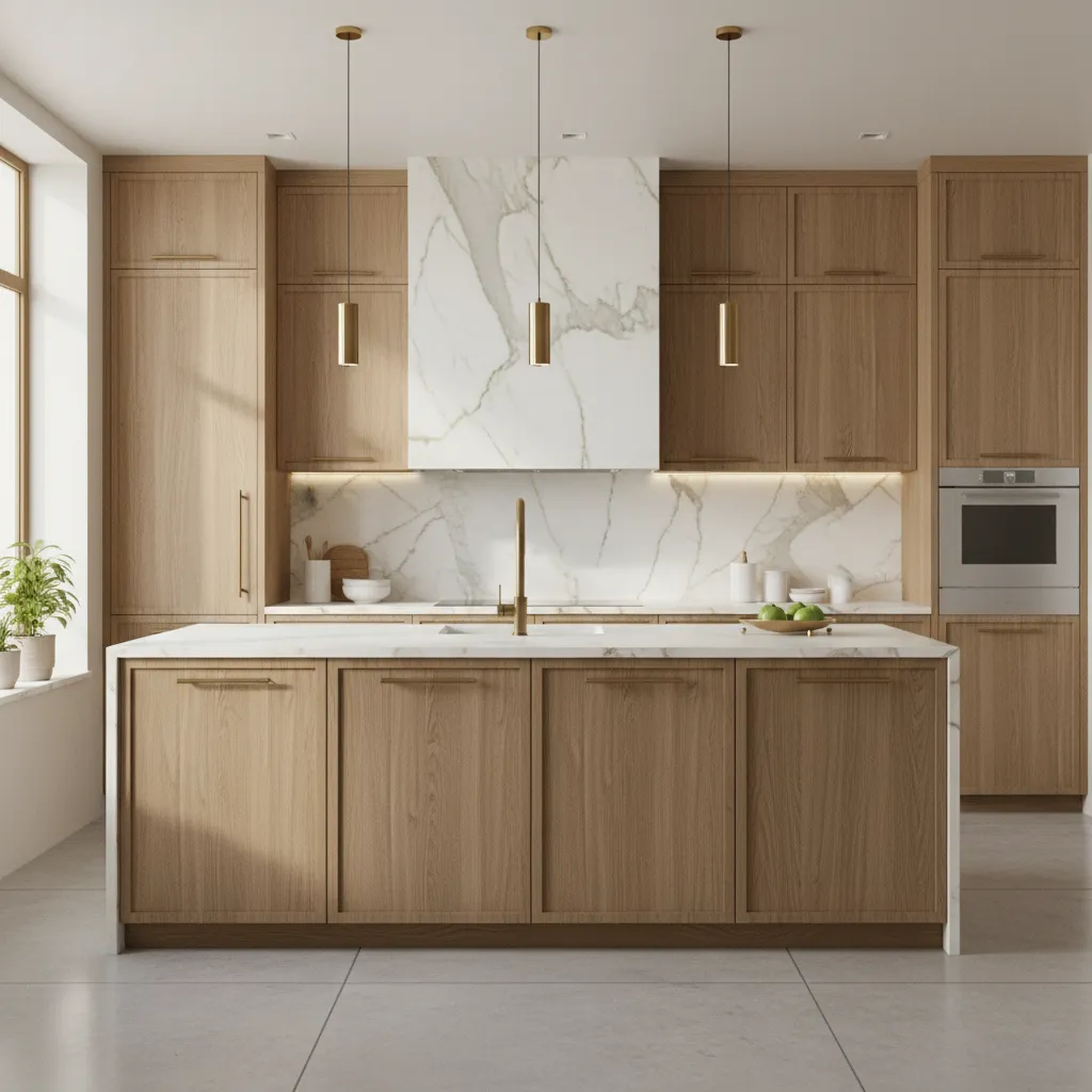 White oak kitchen with Calacatta marble countertop and brass accents
