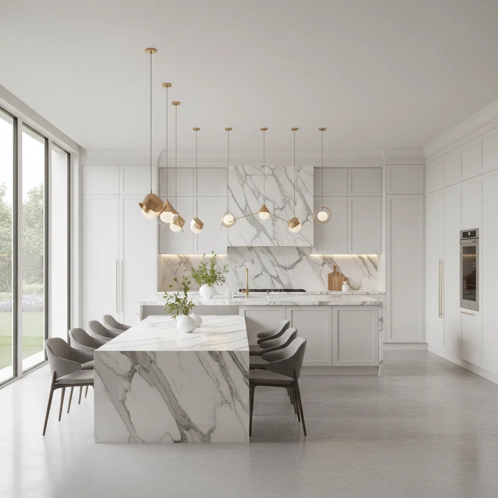 Elegant marble dining table with white cabinets and modern pendant lights