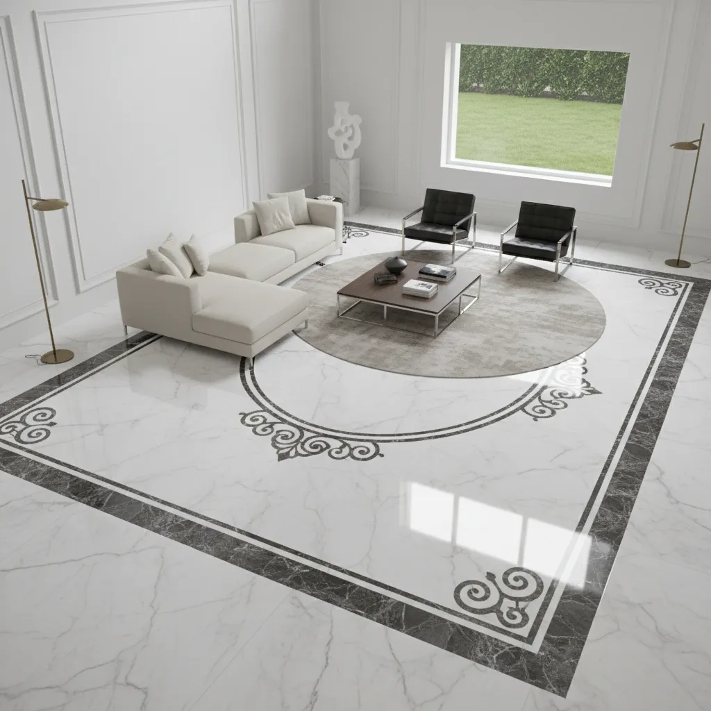 Hall marble flooring with decorative border inlay pattern