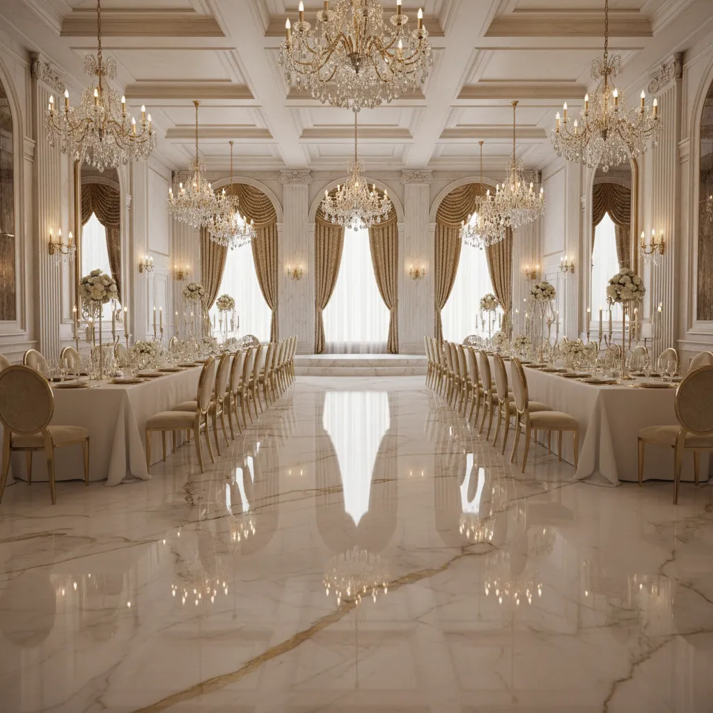 Grand luxury hall with shiny marble floors long dining tables gold chairs and ceiling lights