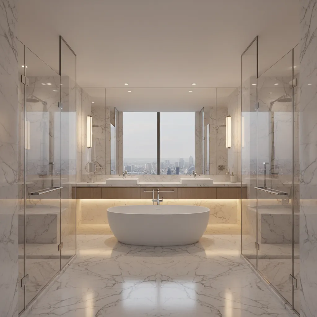 Luxury hotel marble bathroom layout with freestanding tub and walk in shower