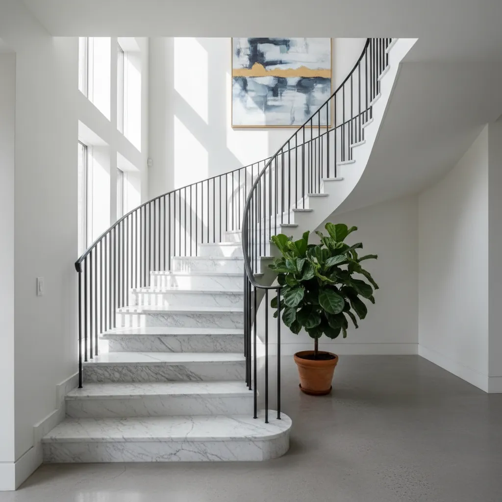 Escalera interior de mármol con barandilla metálica