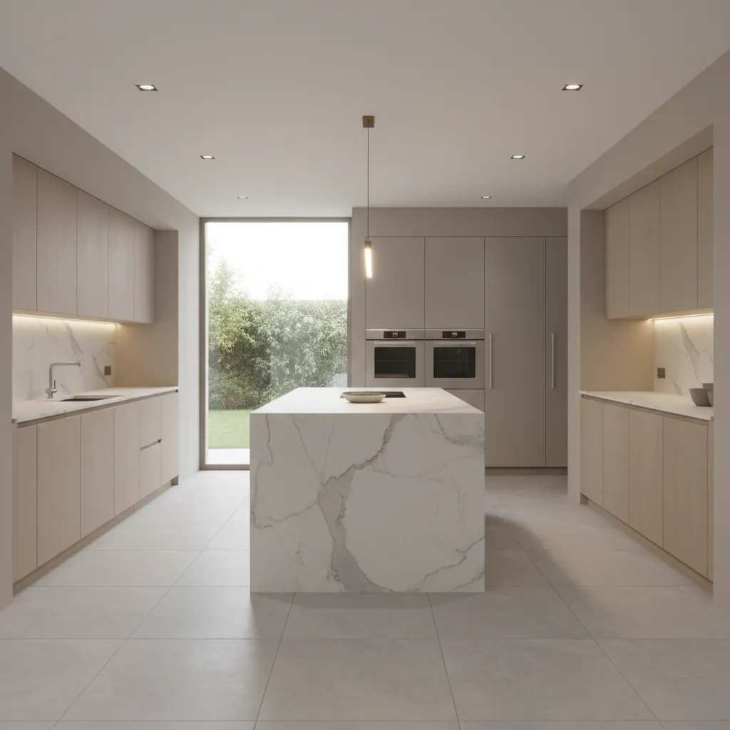 Modern kitchen interior with white marble island wooden cabinets and integrated ovens on light floor tiles