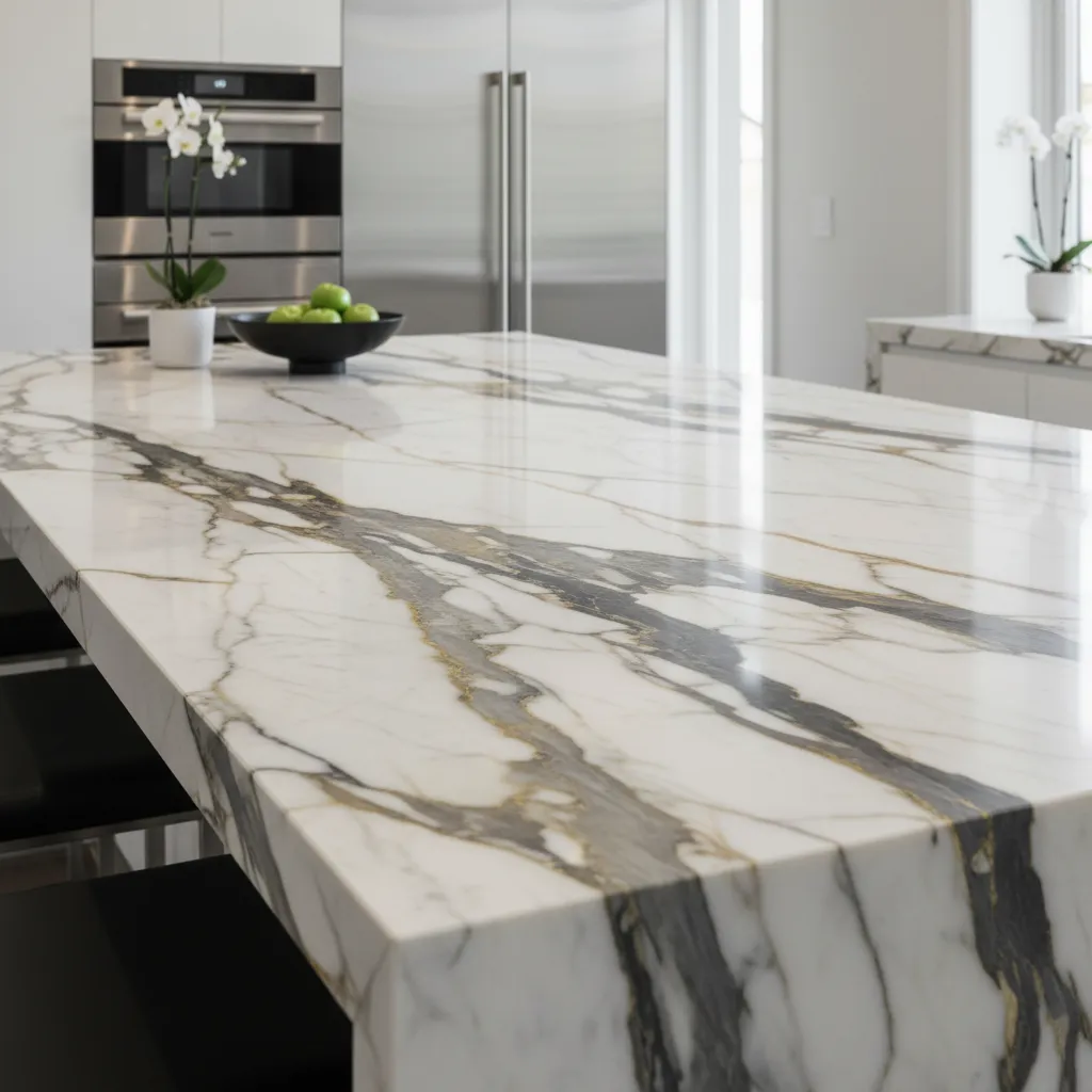 close view of white marble kitchen island with natural veining