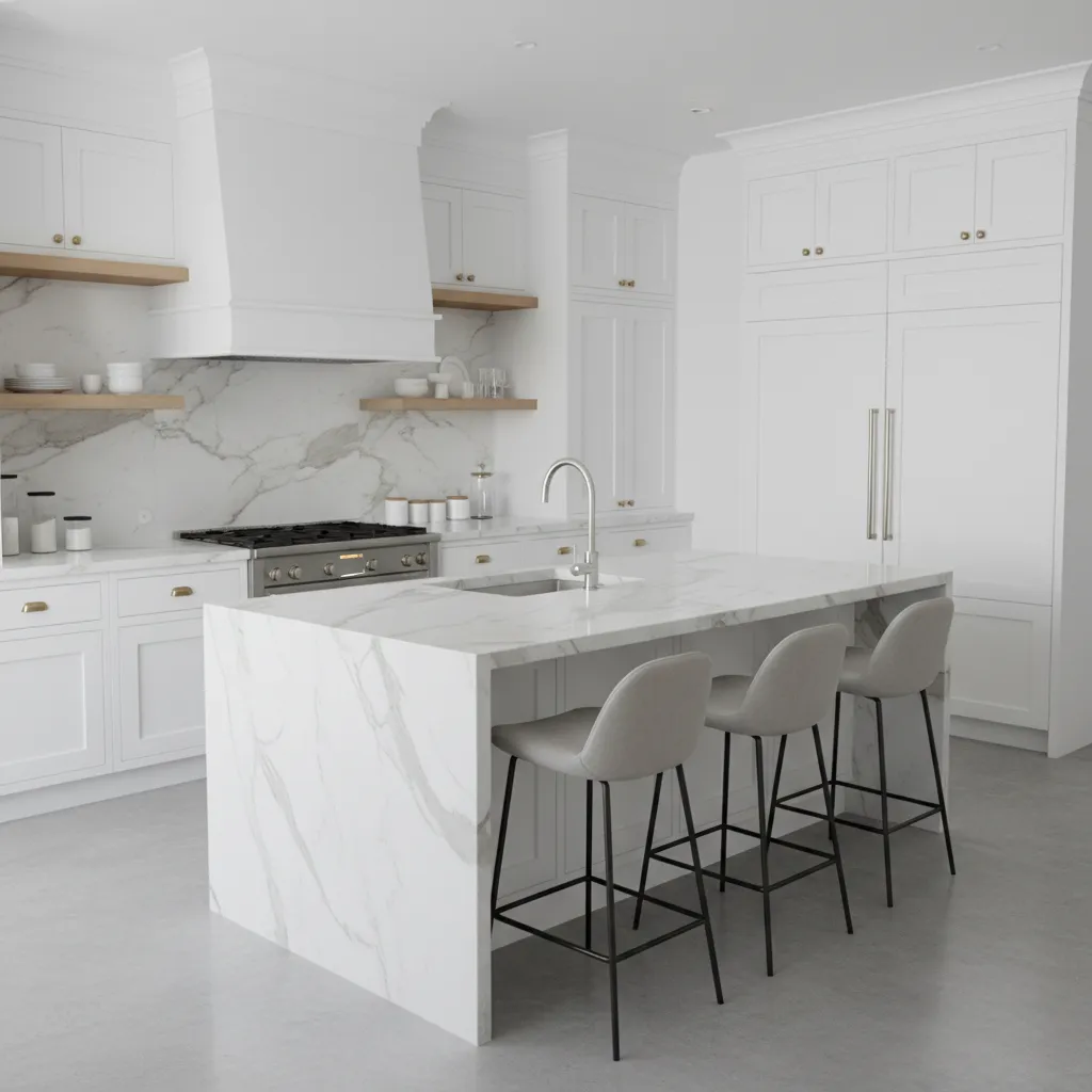 Modern white kitchen with marble island three grey stools white cabinets wood shelves and stove