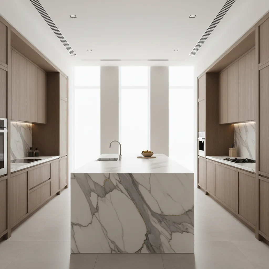 Spacious kitchen with large white marble island wooden cabinets on both sides and bright tall windows