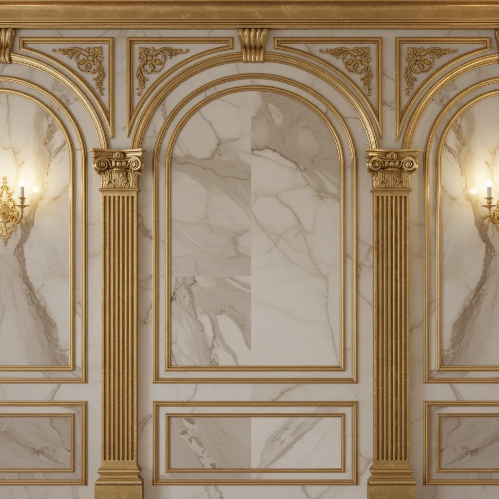 Faux marble laminate wall panels used in Baroque style interior