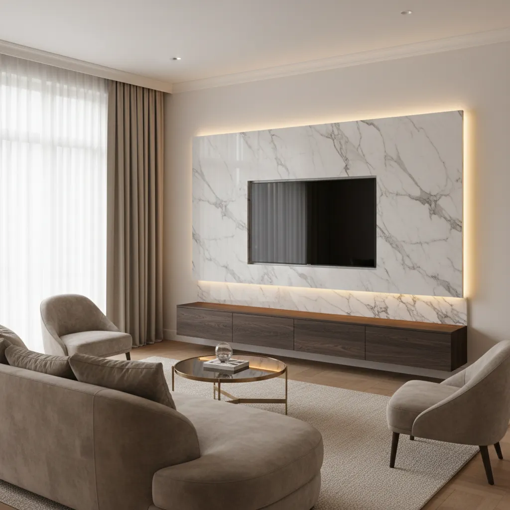 Marble LED TV panel design with ambient backlighting in drawing room
