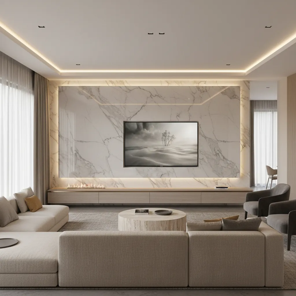 Modern living room featuring marble wall, warm lights, beige sofa, round table, and gray armchairs