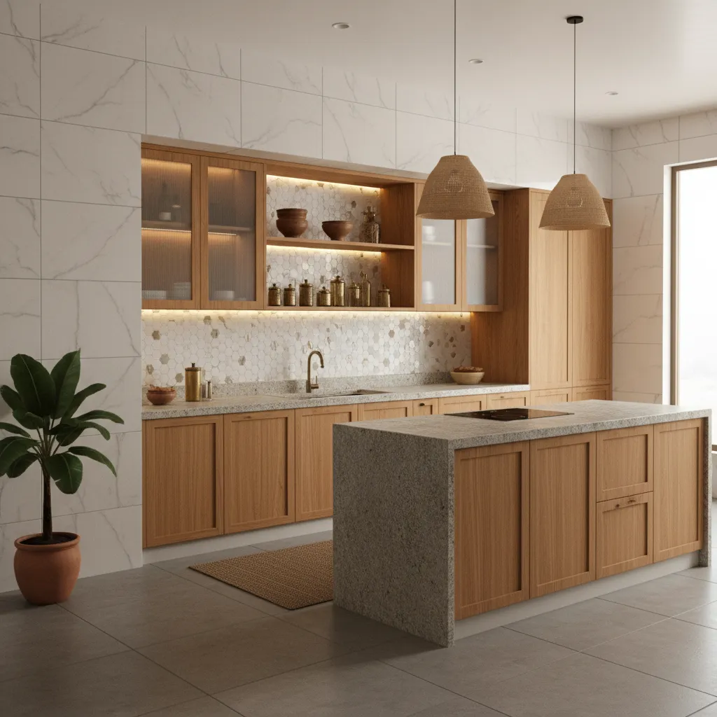 Kerala kitchen with marble look porcelain wall tiles and wooden cabinets