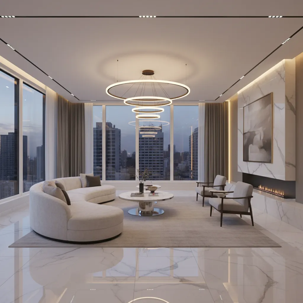 luxury living room with marble look porcelain floor tiles