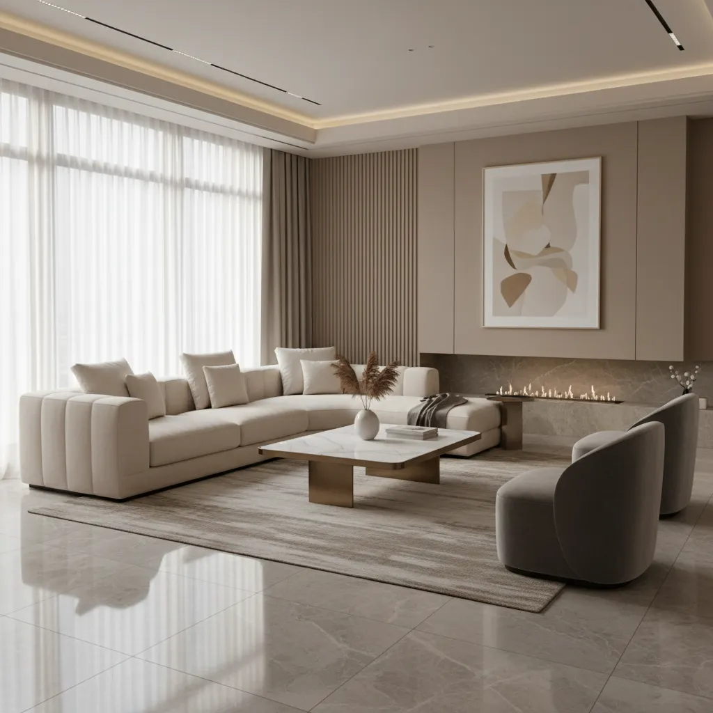 Elegant living room with marble look porcelain floor tiles