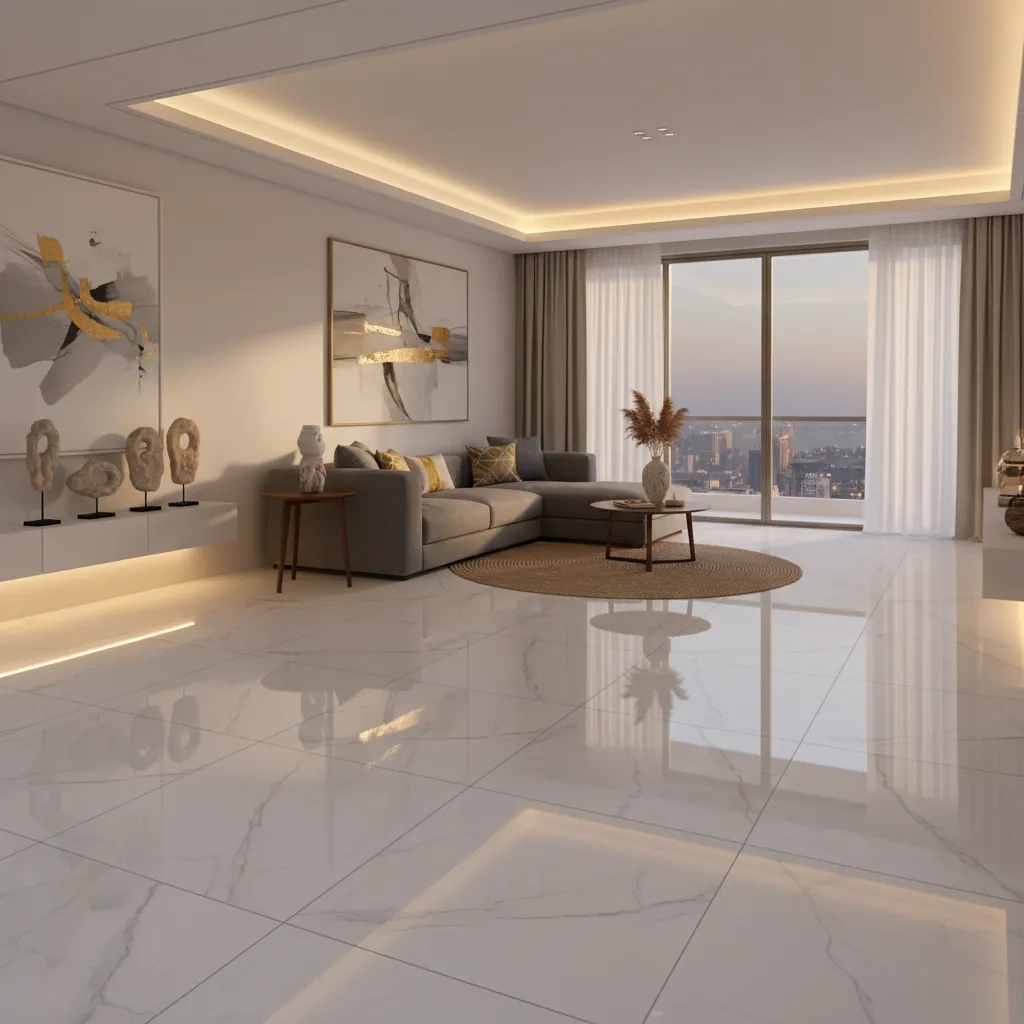 Marble look porcelain tiles in a stylish Indian living room interior