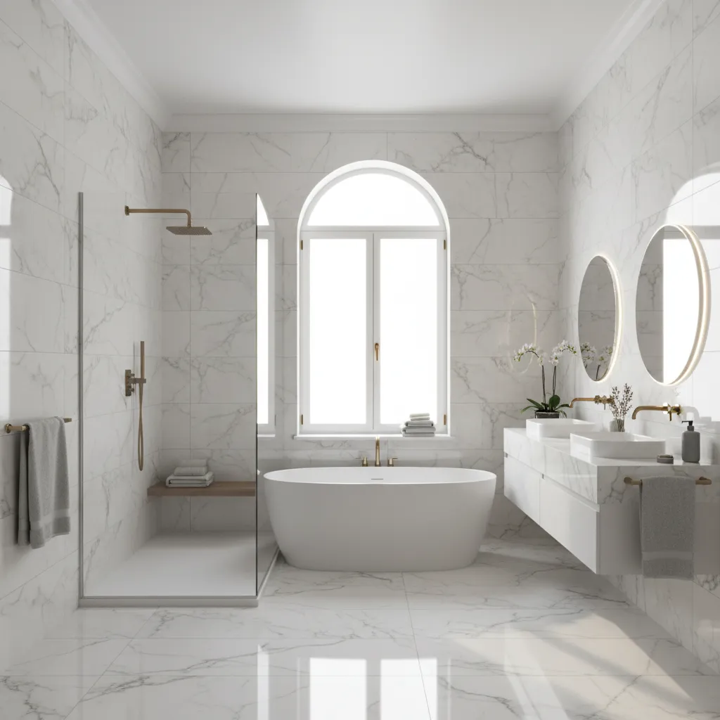 luxury bathroom with marble look porcelain tiles on walls and floor