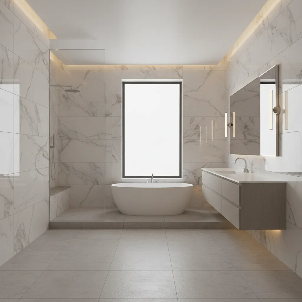 Luxury bathroom with large marble look porcelain wall tiles