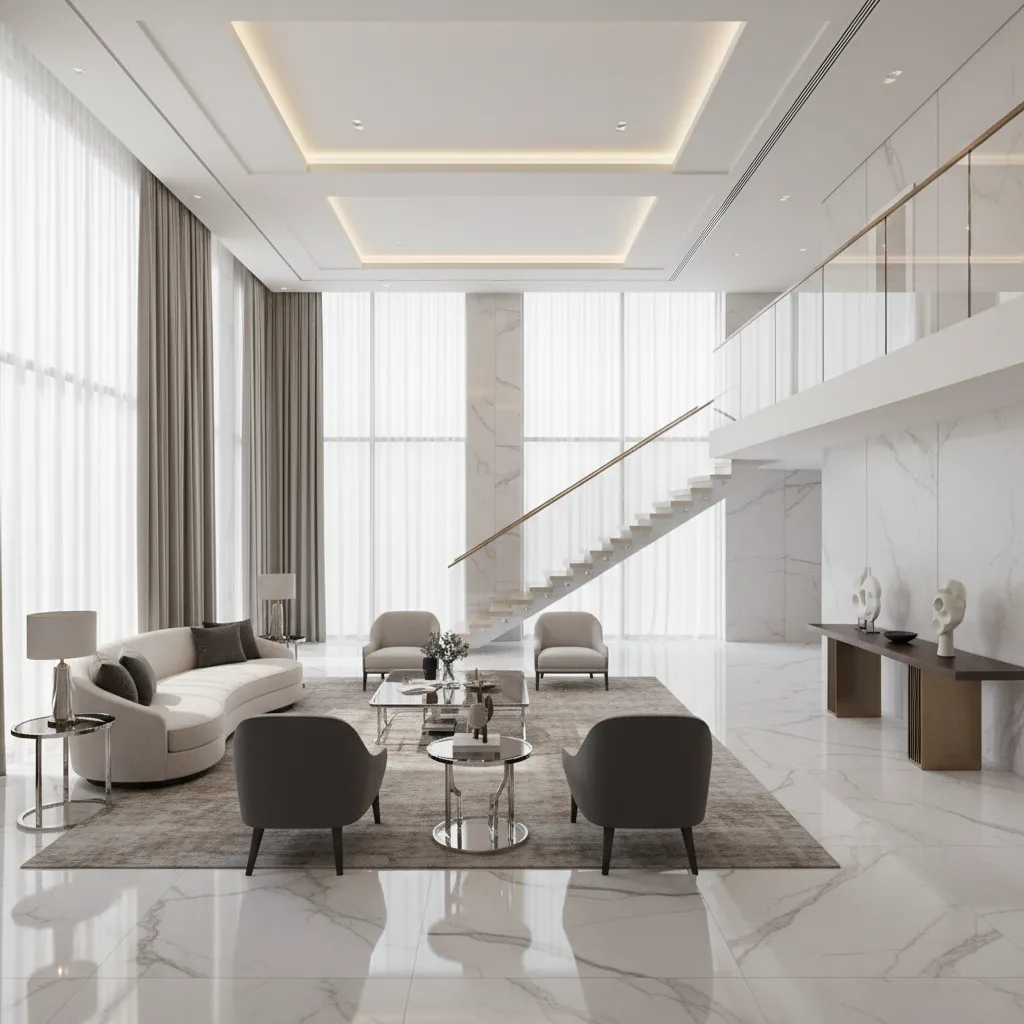 marble look porcelain tiles in an elegant modern living hall