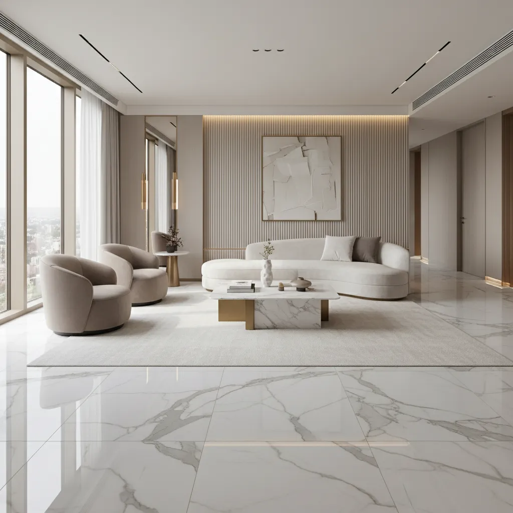 luxury living room with marble look porcelain tile flooring