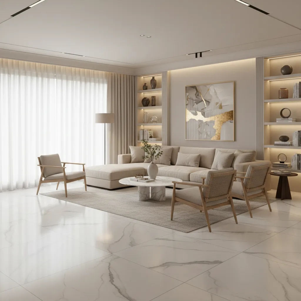 Marble look porcelain tiles used in modern Indian living room floor