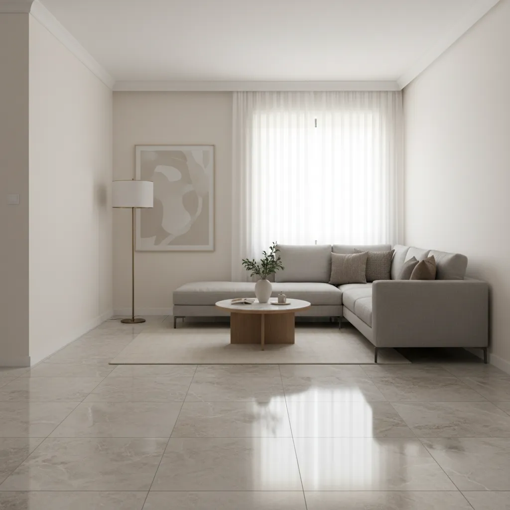 small living room with marble look porcelain floor tiles